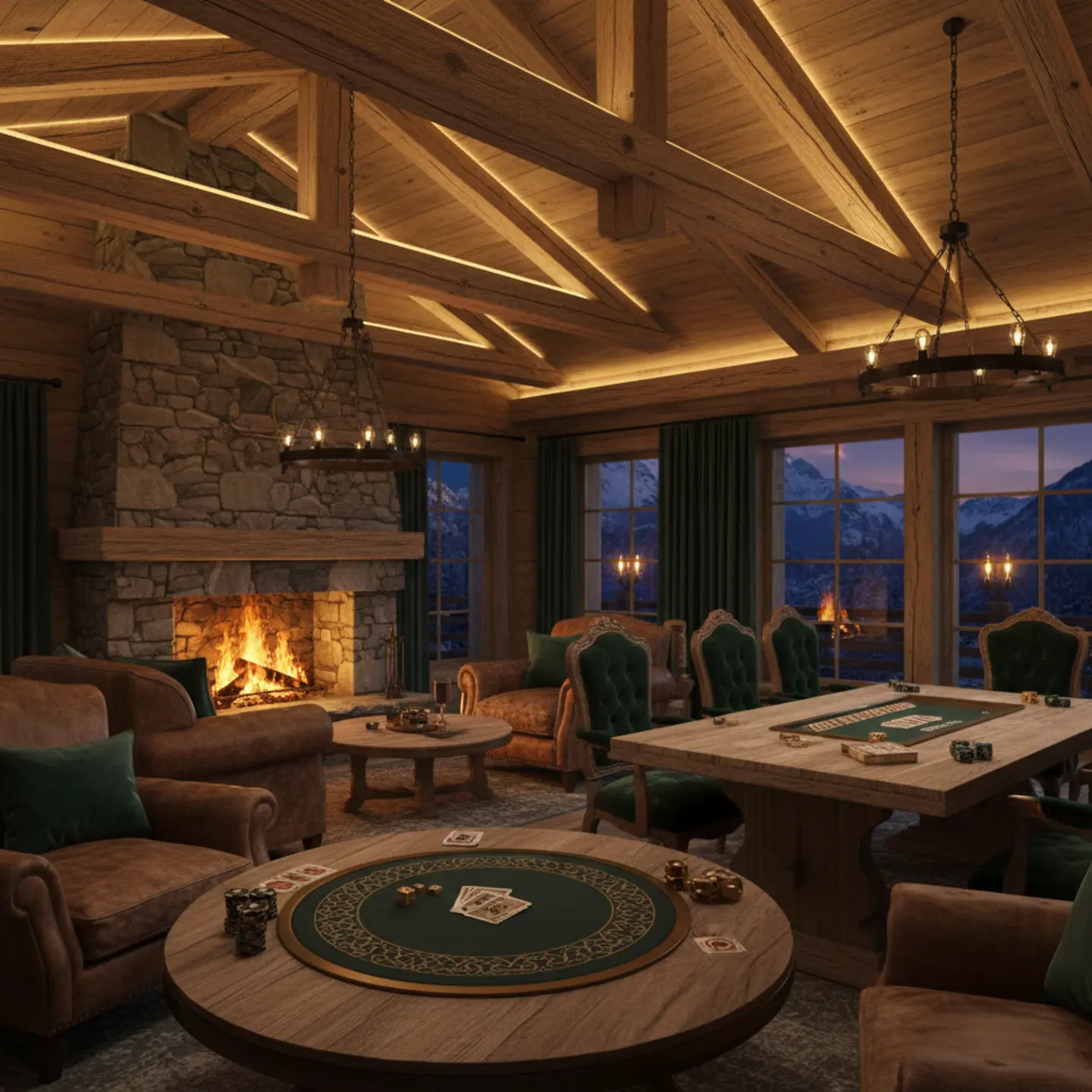 Elegante alpine Kaminhalle der Drei Weiden Ranch